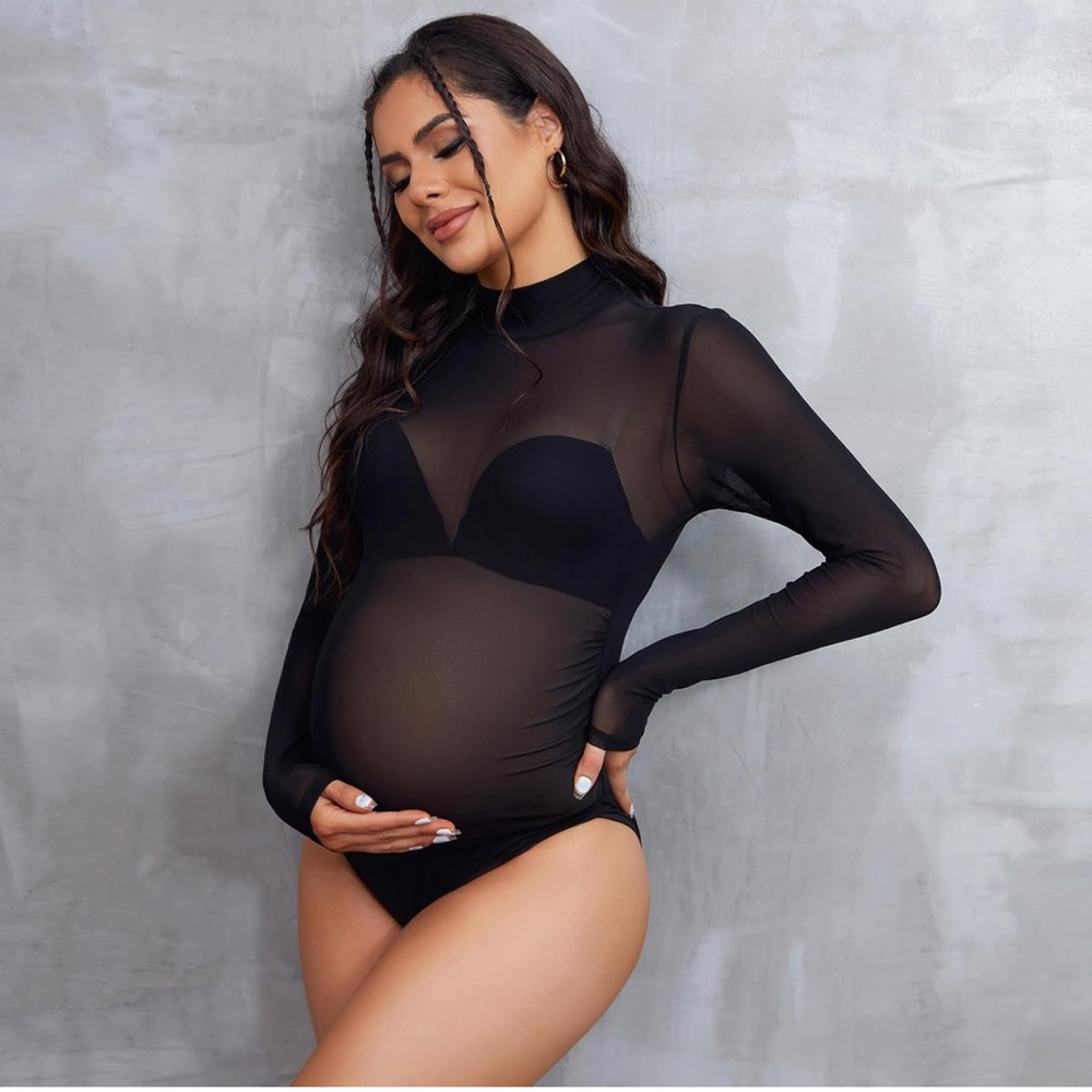 Mock Neck Sheer Maternity Bodysuit - Sz M